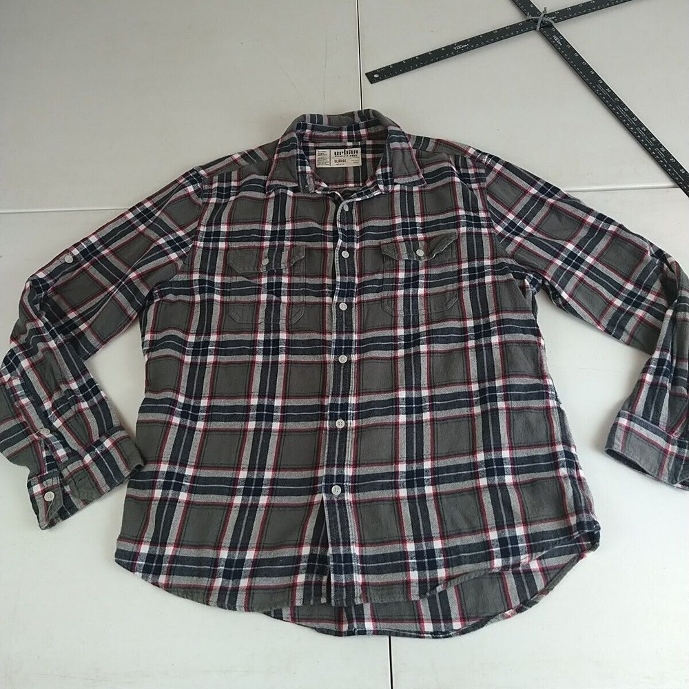 Urban Pipeline Shirt Flannel Men XL Gray Plaid Farmer Outdoor Cowboy Roll Tab